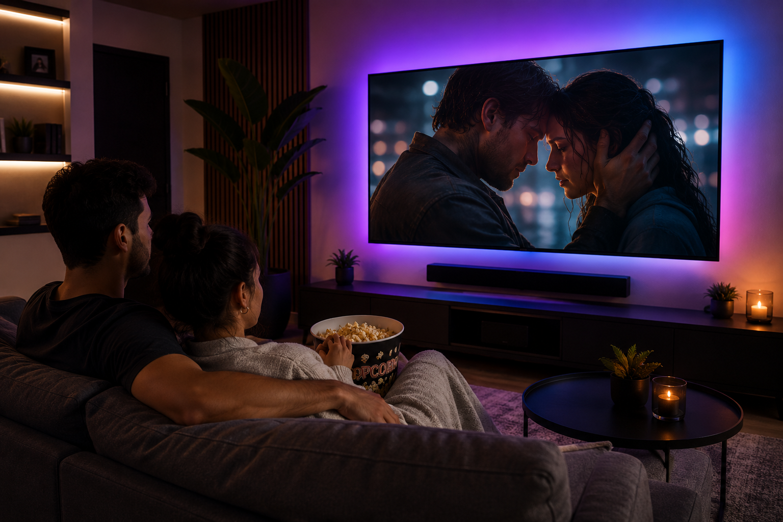 A family watching a romantic scene on a television in their living room at night, with popcorn and candles for ambiance.