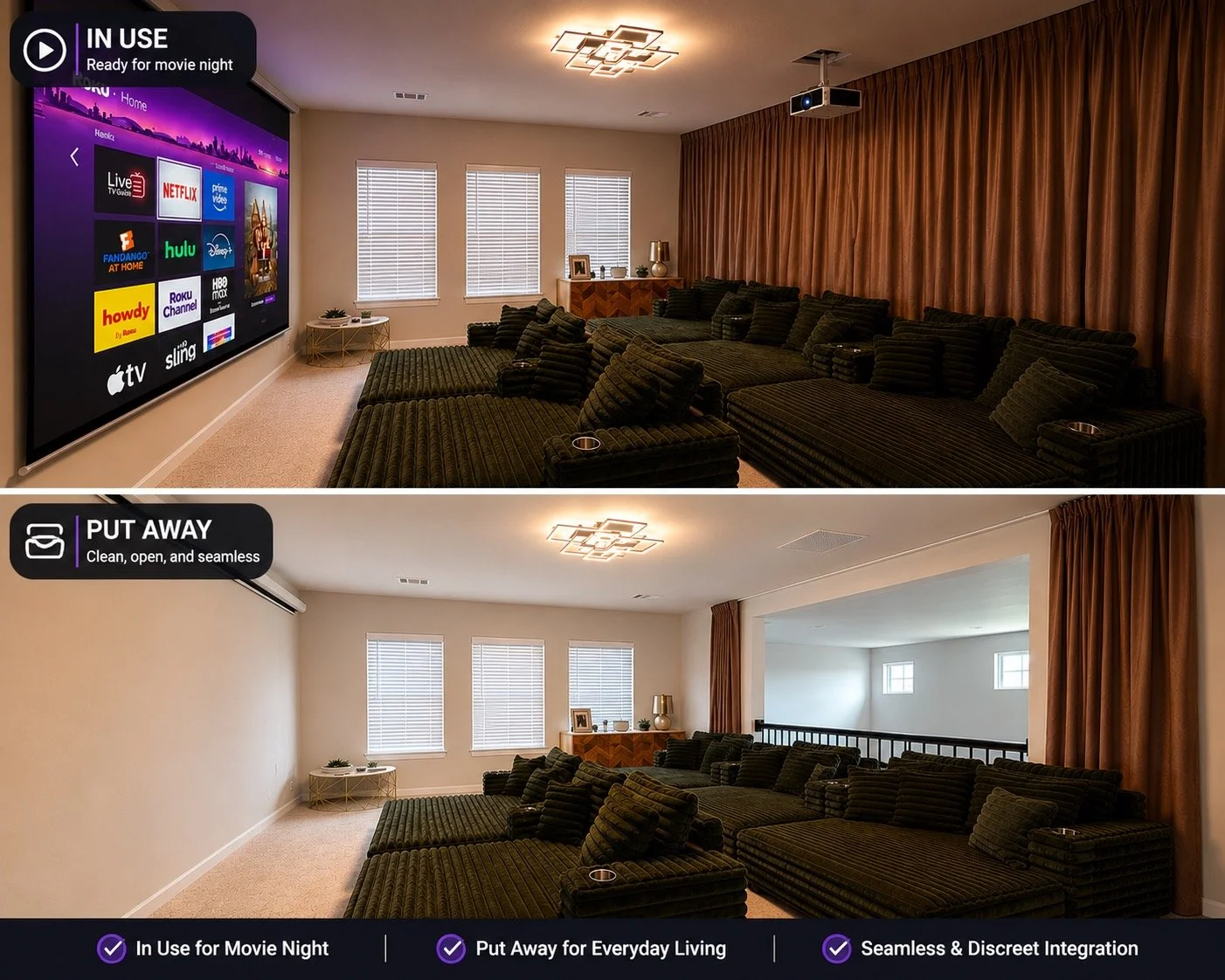 Comparison of two living room setups showing a transition from a cluttered, dark space with a large TV and plush seating, to a clean, bright, and minimal living area with seamless window coverings and no TV.