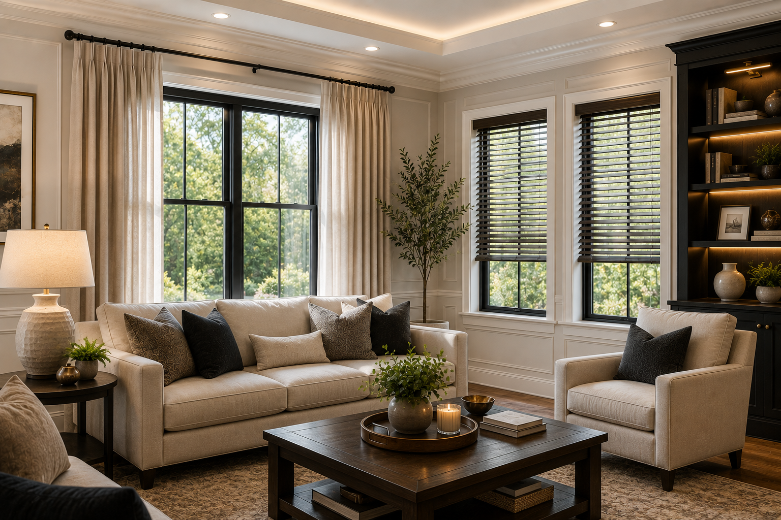 A living room with a beige sofa and an armchair, black and beige throw pillows, a dark wooden coffee table with a tray holding a potted plant, candles, and books, a side table with a lamp and potted plant, large windows with black frames and beige cu