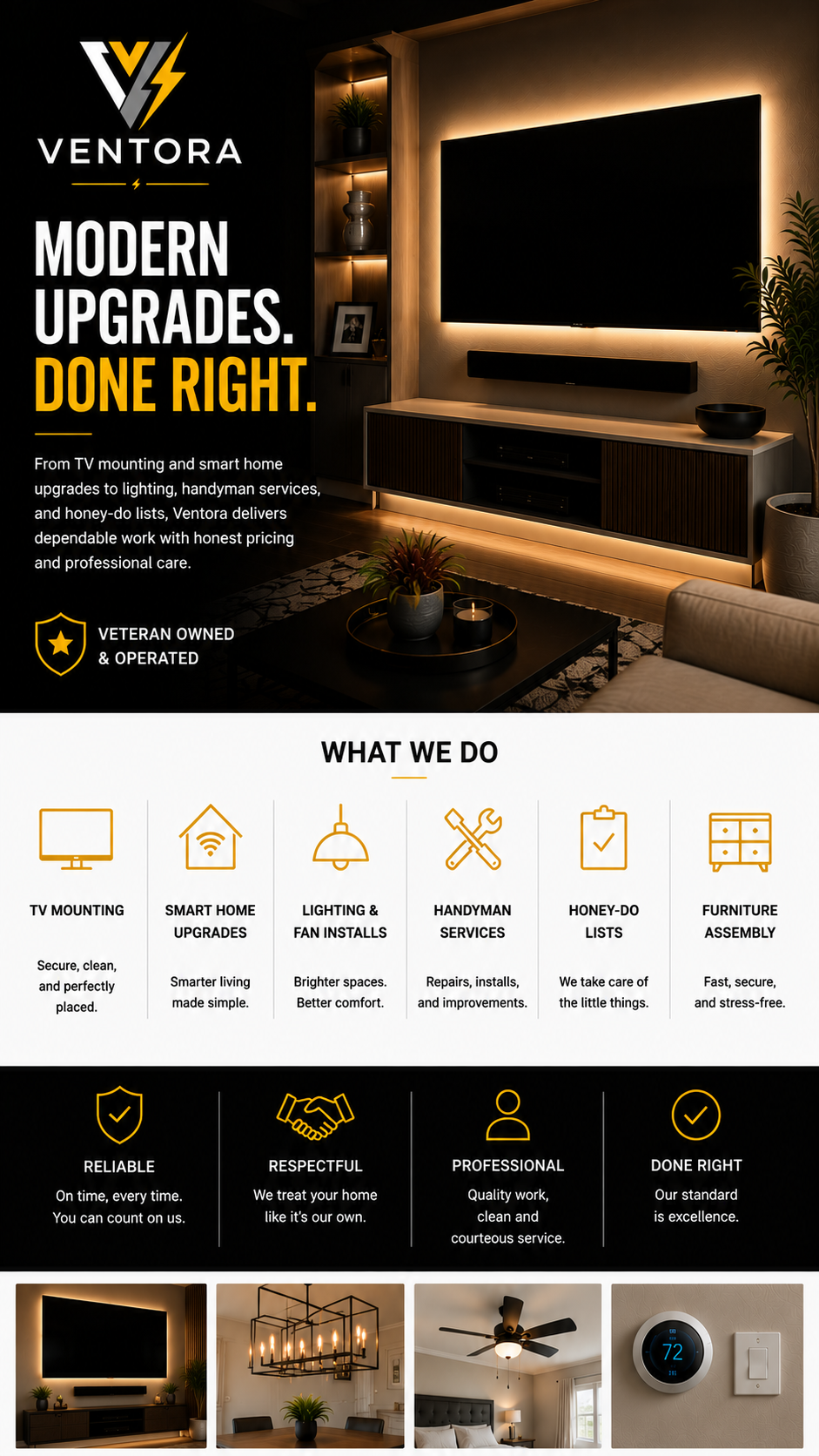 Promotional flyer for Ventora highlighting their services in home upgrades, including TV mounting, smart home upgrades, lighting and fan installation, handyman services, honey-do lists, and furniture assembly. The flyer features a modern living room with a mounted TV, ambient lighting, and decorative elements, and includes icons and descriptions of the services offered.