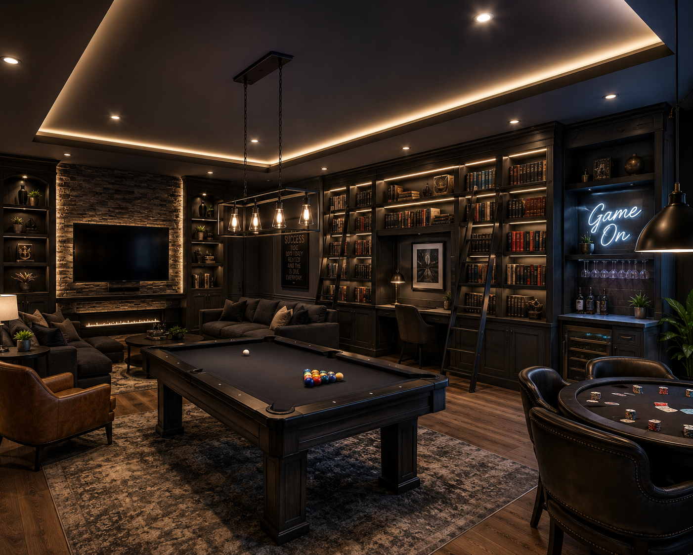 A cozy basement game room with a black pool table, a sectional sofa, a leather armchair, and a round poker table with chips. The room has dark wood bookshelves filled with books, a neon sign that says 'Game On', a mounted flat-screen TV above a firep