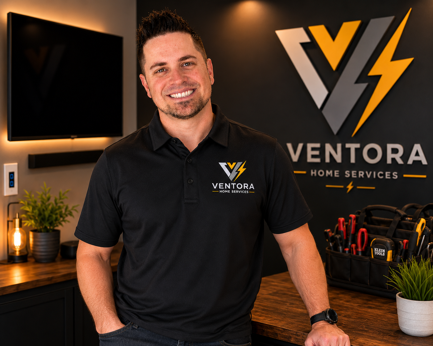 A smiling man wearing a black polo shirt with Ventora Home Services logo, standing in an office with a ventora logo, a flat screen TV, a plant, tools in a bag, and a lamp on a wooden desk.