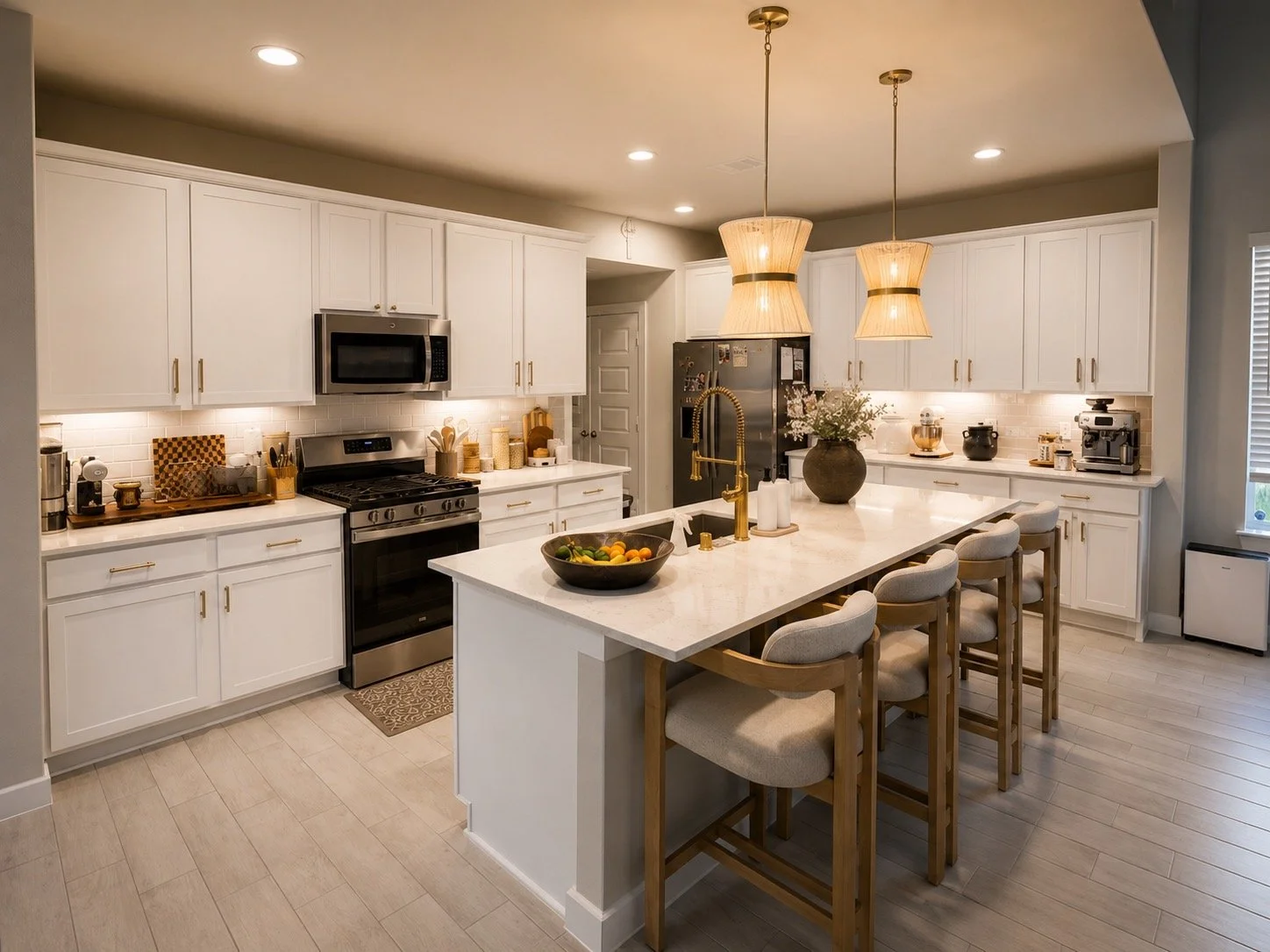 Modern kitchen with white cabinets and a large island with seating. Stainless steel appliances including oven, microwave, and refrigerator. Decor includes a bowl of fruit, a vase with flowers, and pendant lights above the island.