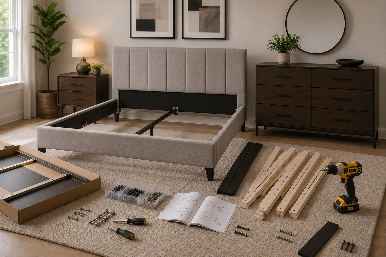 Room with a bed frame partially assembled on a beige carpet, with tools, screws, and wooden slats laid out. There are two dark wood dressers, a nightstand with a table lamp and plant, four framed abstract artworks, and a large round mirror on the wal