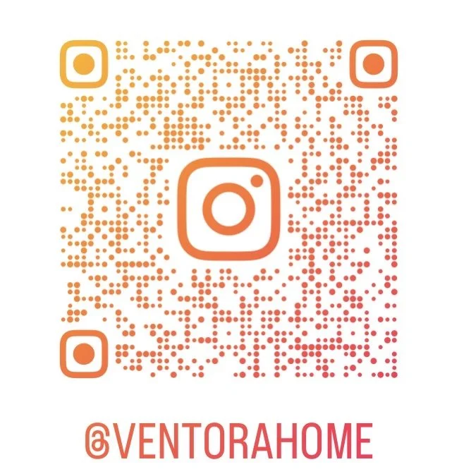 A QR code with the Instagram handle '@VENTORAHOME' written beneath it in orange text.