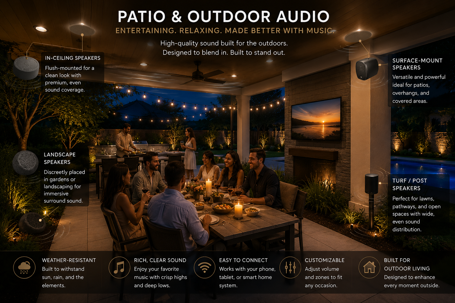 An outdoor patio scene at night with string lights, a dining table with people enjoying a meal, and multiple types of outdoor speakers including in-ceiling, surface-mount, landscape, and turf/post speakers, highlighted with labels and descriptions.