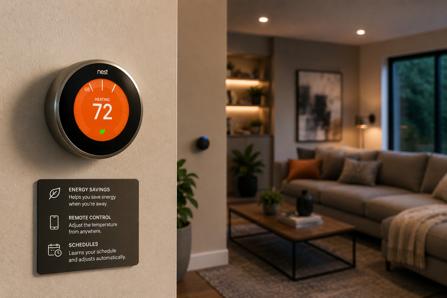 Smart thermostat on wall displaying 72 degrees in a living room with a couch, coffee table, and large window.