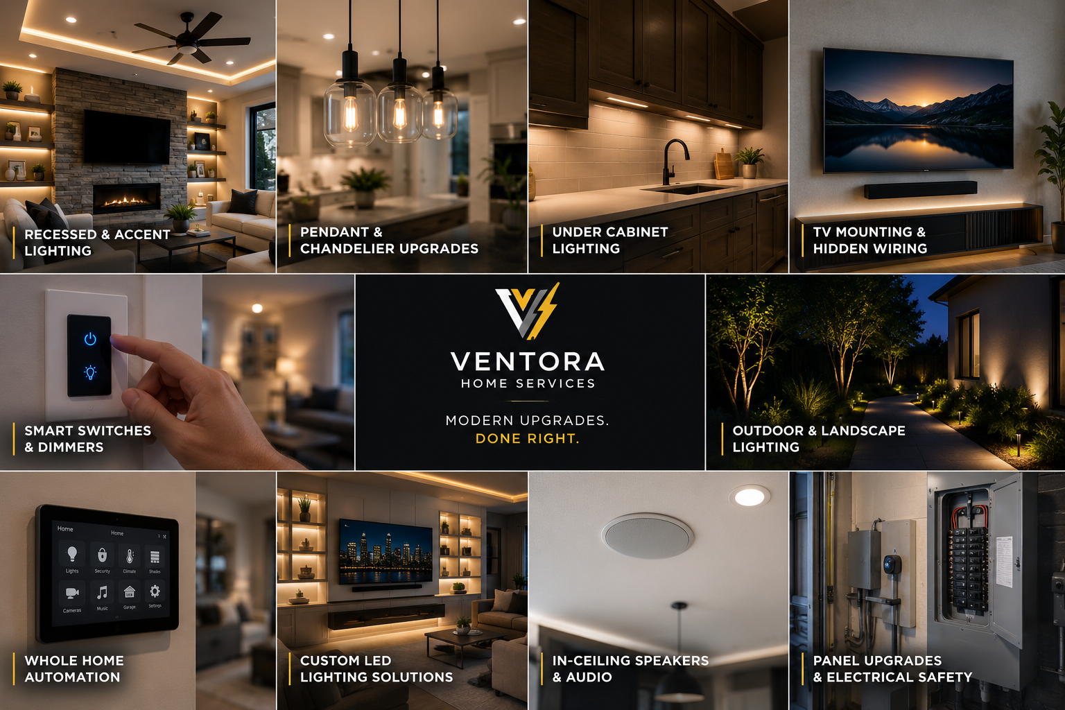 Collage of images showing modern home lighting, smart technology, and home upgrades. Includes living room with accent lighting, pendant lights, under cabinet lighting, TV mount with hidden wiring, smart switches, outdoor landscape lighting, home automation panel, LED lighting, in-ceiling speakers, and electrical safety upgrades.