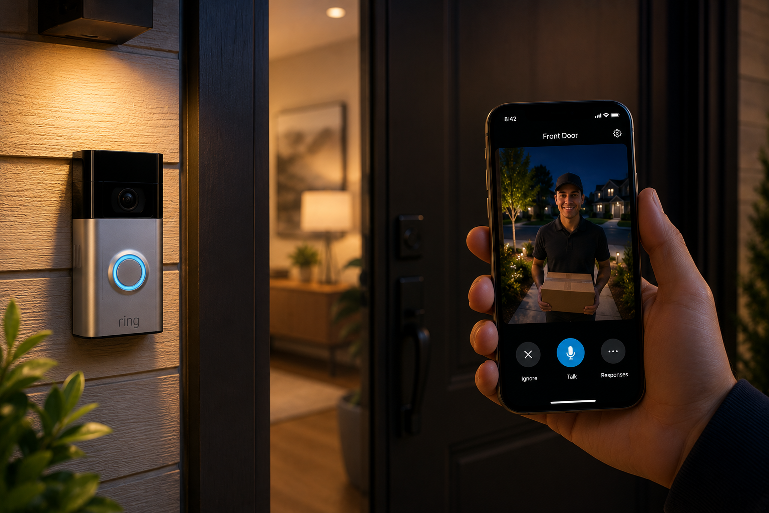 A person holding a smartphone with a live video feed of a smiling delivery person at the front door, while the doorbell camera is mounted on the exterior wall near the door.