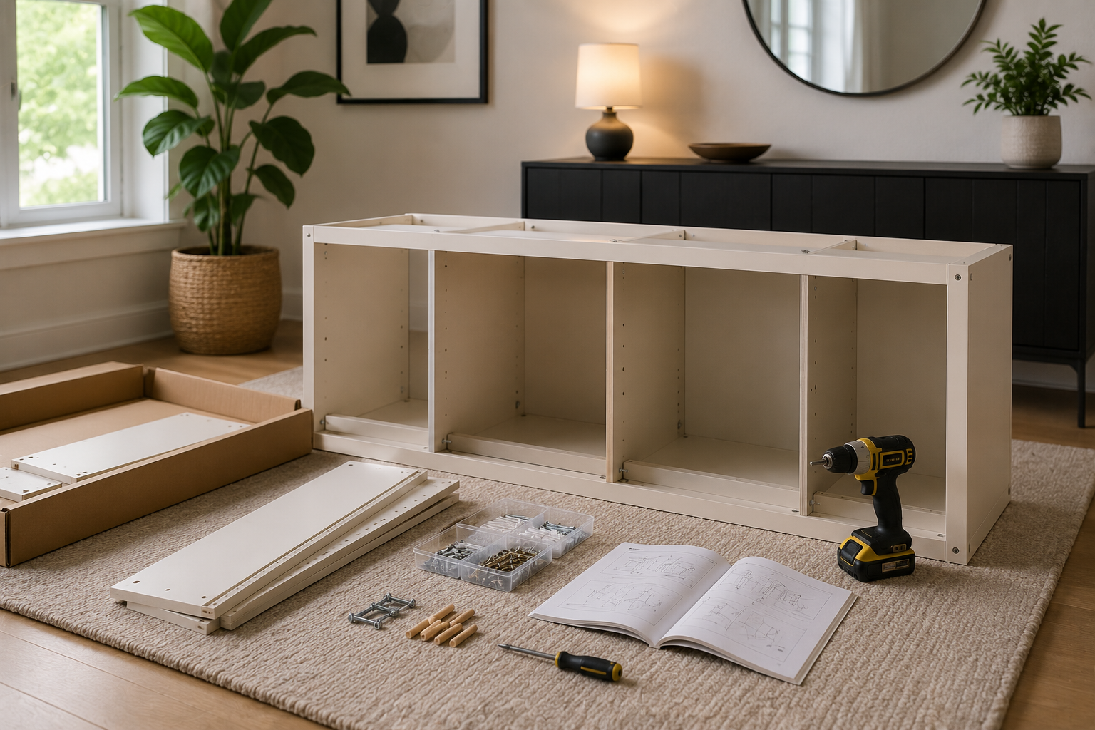 Disassembled white cabinet with tools and instructions on a beige carpet in a living room, with a potted plant, window, and sideboard in the background.