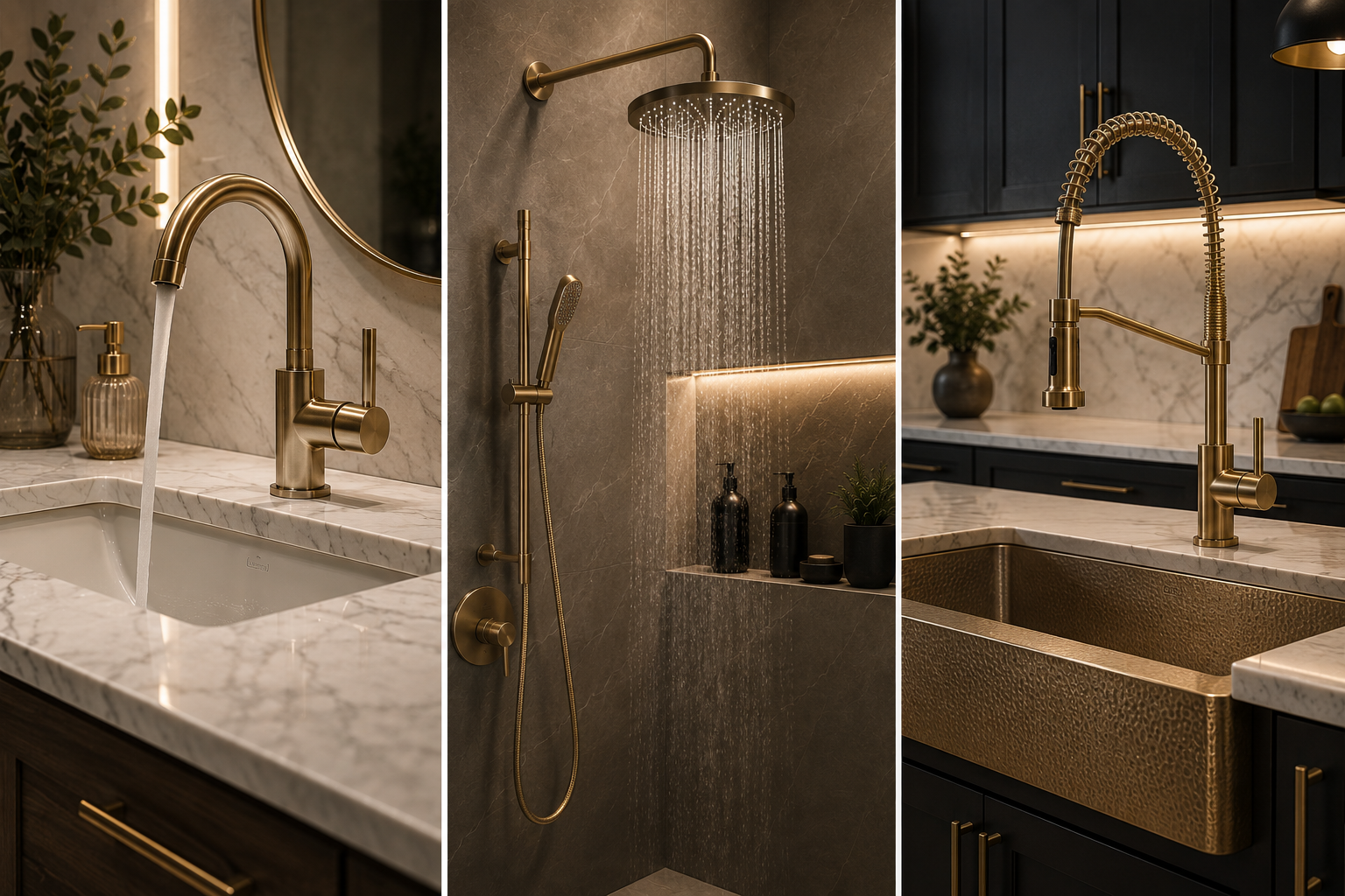 A collage of three modern kitchen and bathroom sinks with gold fixtures and marble countertops, including a shower head and faucet.