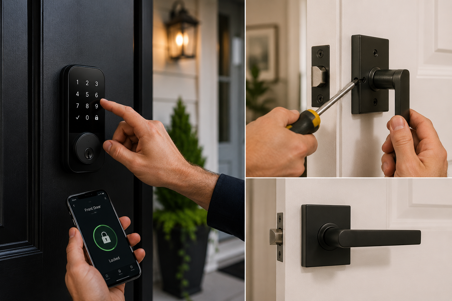 A collage of three images showing different types of door locks and security devices. The left image features a person entering a PIN code on a smart lock keypad while holding a smartphone with a lock app. The top right image shows a person using a s