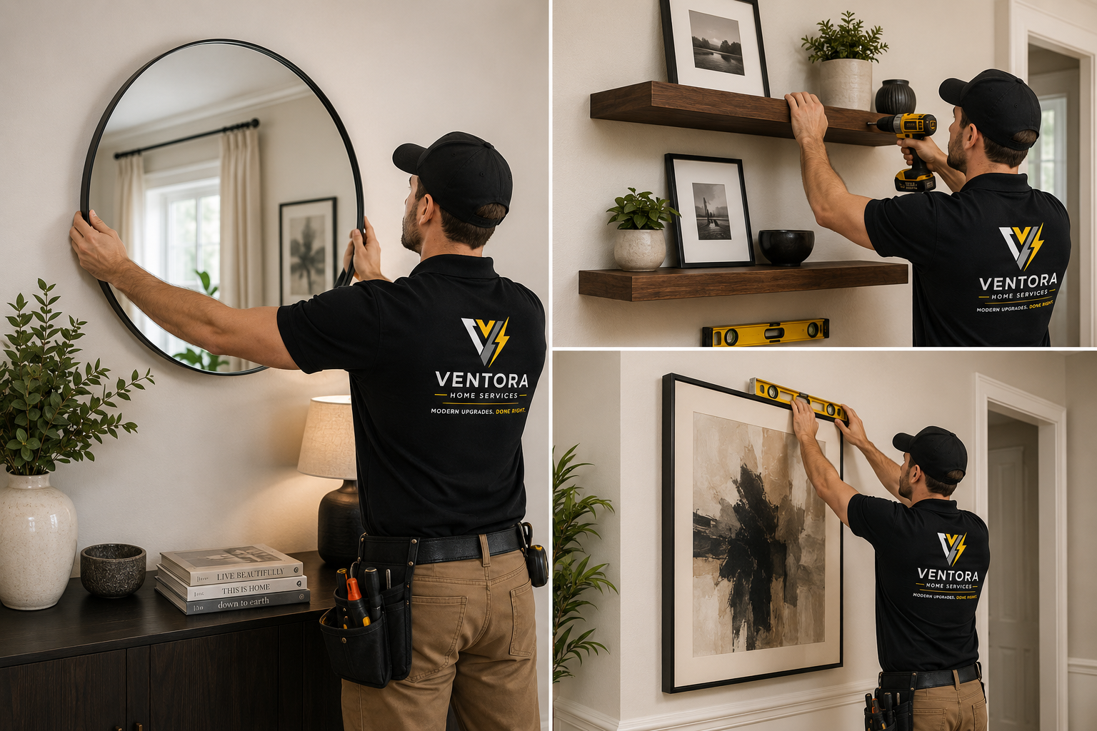 A handyman from Ventora Home Services installing a mirror, hanging a picture frame on the wall, and placing a large painting, using level tools for precise placement.