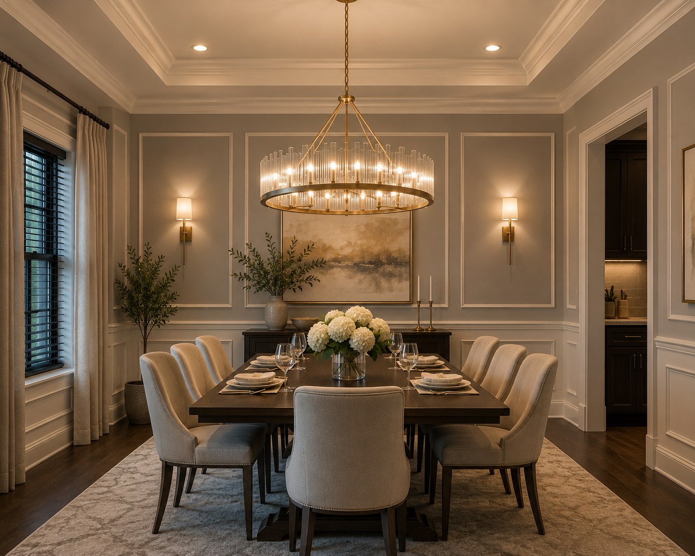 Elegant dining room with a dark wood table, beige upholstered chairs, white floral centerpiece, chandelier, wall sconces, and large windows with beige curtains.