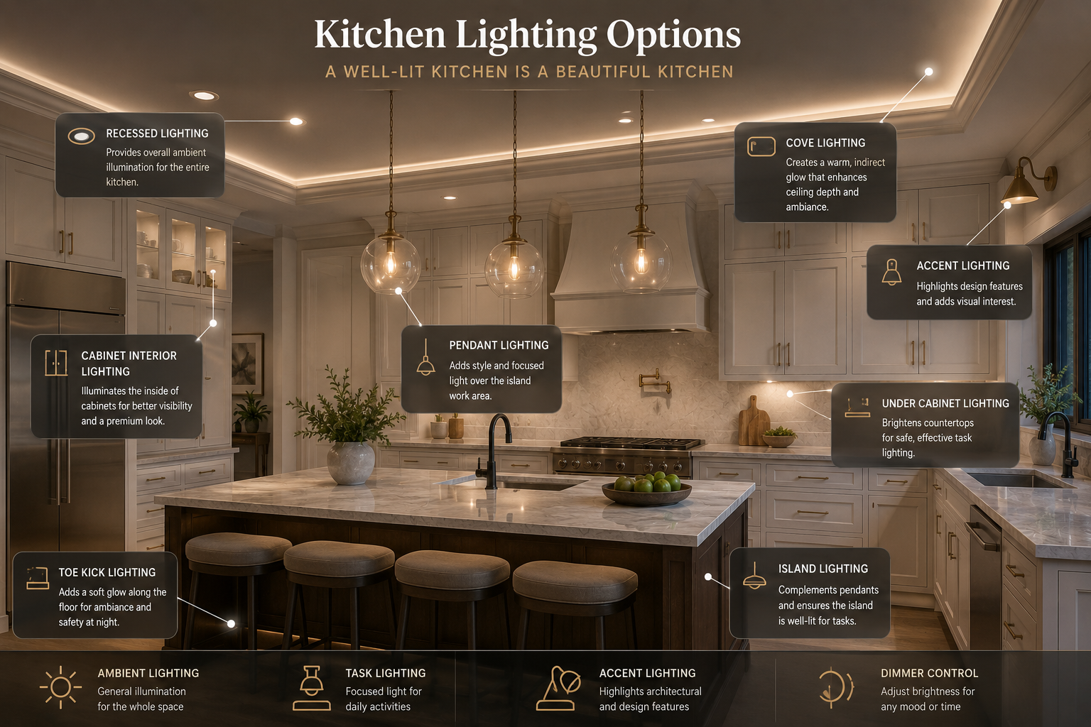 A kitchen with various lighting options labeled, including recessed lighting providing ambient illumination, cabinet interior lighting, toe kick lighting along the floor, pendant lighting over the island, cove lighting creating a warm glow, accent li