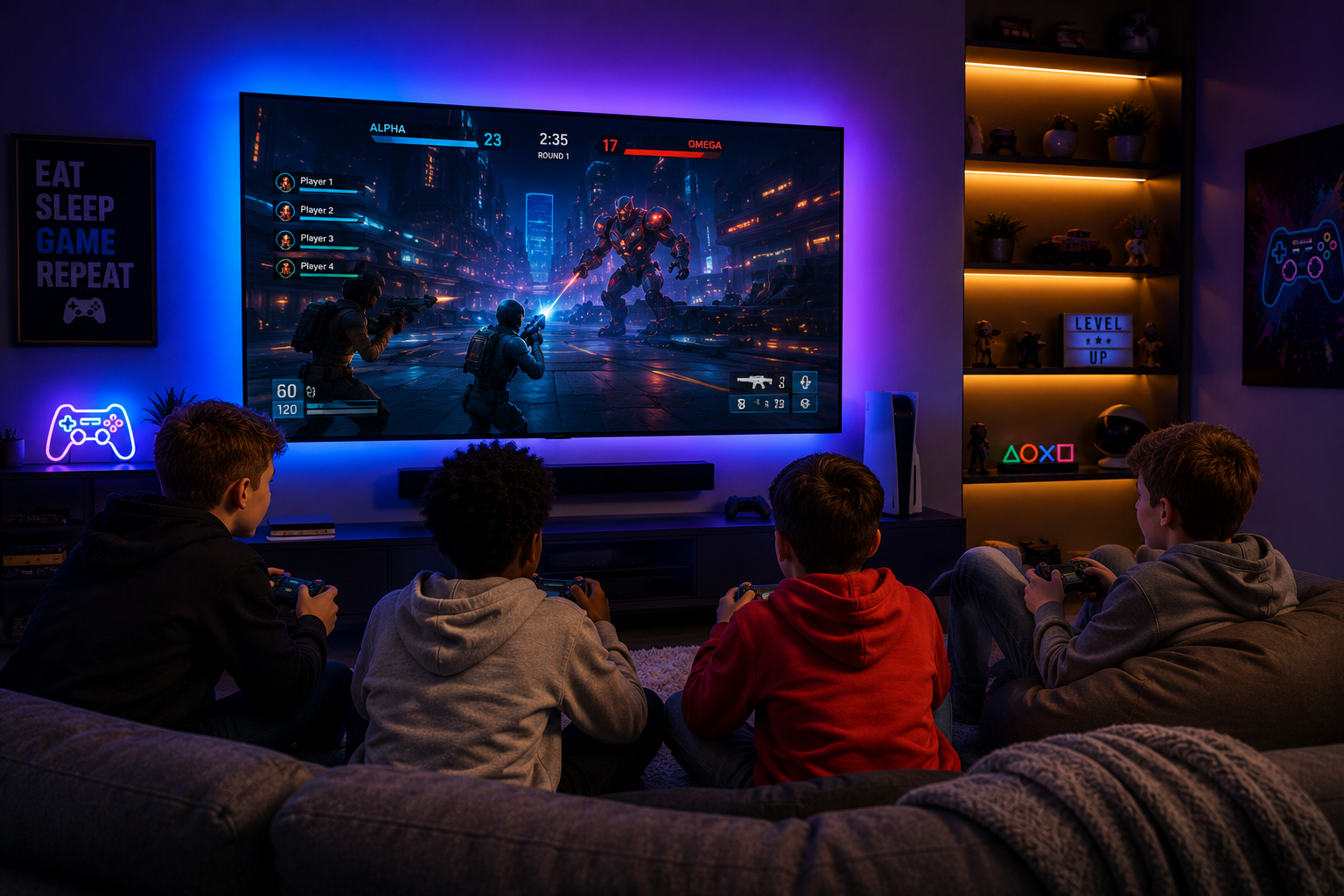 Four boys are sitting on a couch playing video games on a large television screen in a dimly lit living room with neon and LED lighting, including signs and shelves with decor and toys.