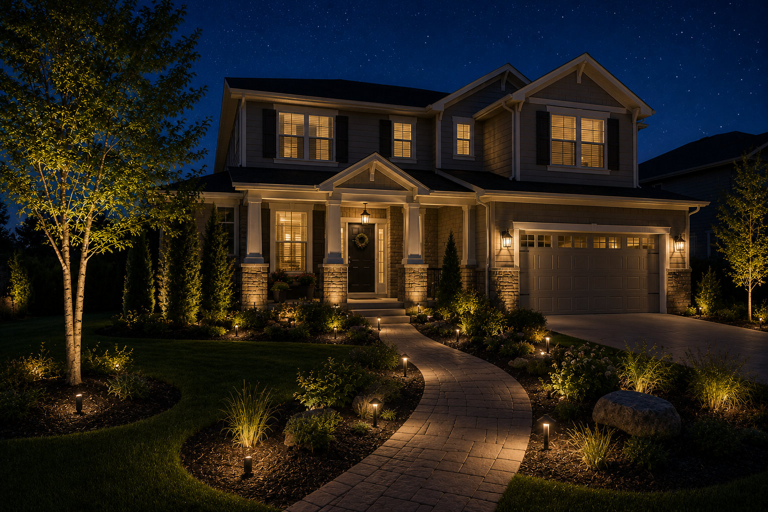 Exterior of a two-story house at night with warm lighting, a stone walkway, landscaped garden, trees, and a clear starry sky.