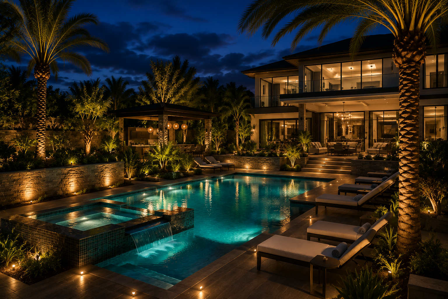 A luxurious backyard at night with a lit swimming pool, palm trees, outdoor seating, and a modern house with large windows and balconies.