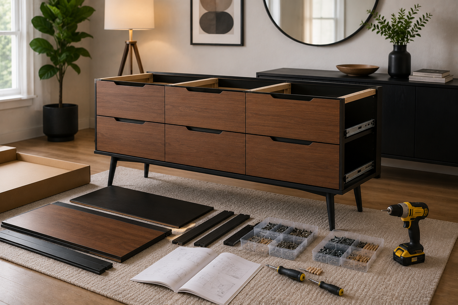 A wooden sideboard being assembled in a living room, with tools, screws, and instructions laid out on the carpet in front of it.