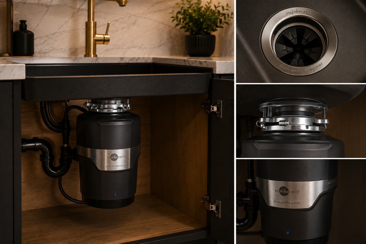 A black trash disposal unit installed under a kitchen sink, with a close-up of the unit's top view showing its drain opening, seen inside a kitchen cabinet below a marble countertop.