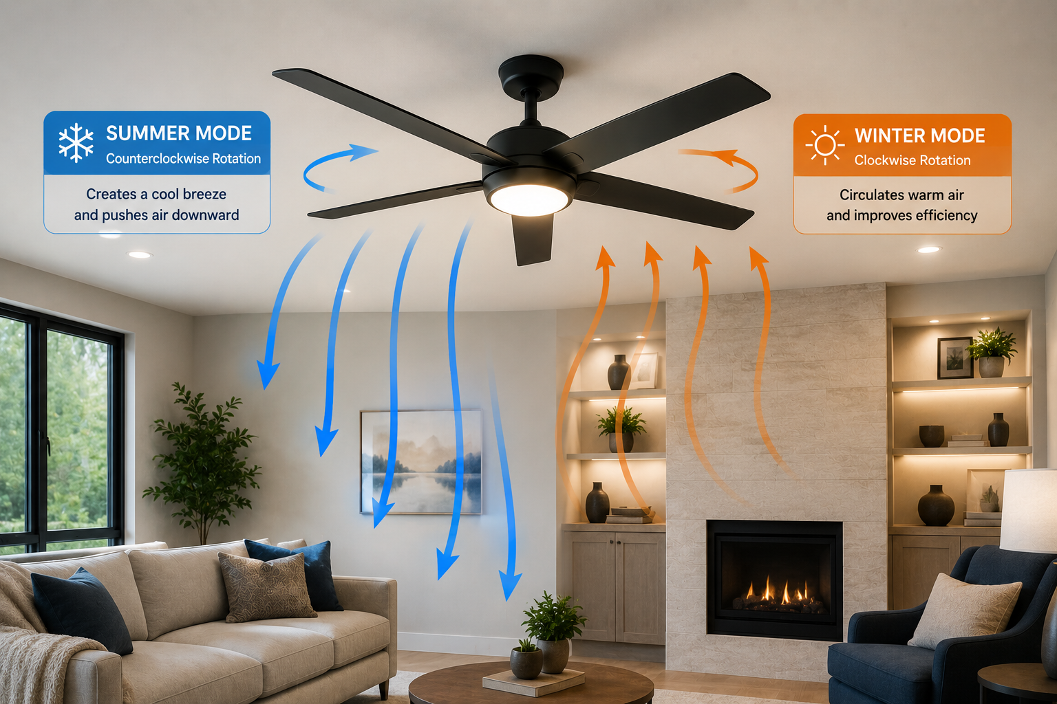 Diagram of a ceiling fan showing summer mode with counterclockwise rotation creating a cool breeze and pushing air downward, and winter mode with clockwise rotation circulating warm air.