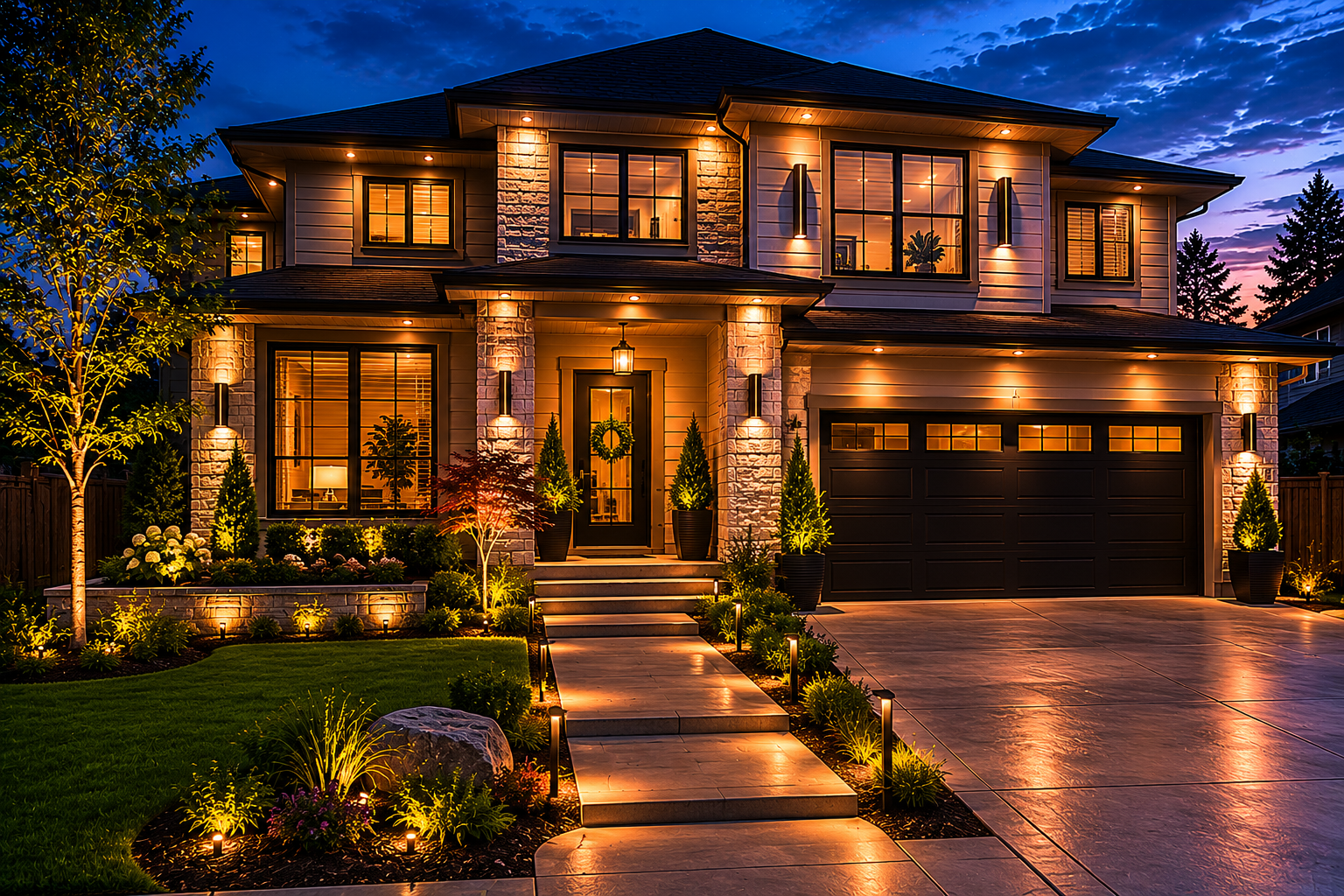 Beautiful two-story house with warm exterior lighting at dusk, front yard with landscaped garden and pathway, large windows, and a double garage.