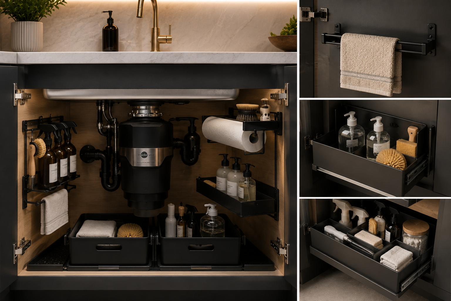 A kitchen or bathroom cabinet with organized cleaning supplies, towels, and toiletries, including bottles, brushes, sponges, paper towels, and hand soap, stored in black containers and on hooks.