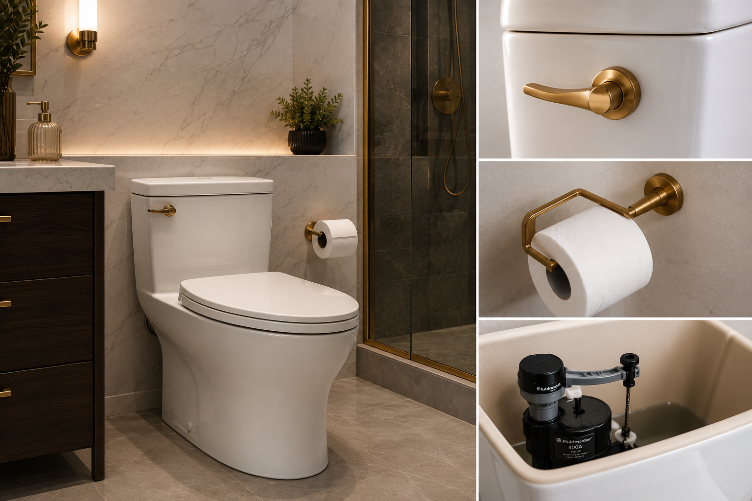 Modern bathroom with white toilet, gold fixtures, beige walls, glass shower with dark tiles, and beige floor. Close-up of toilet handle, toilet paper holder, and water tank mechanism.