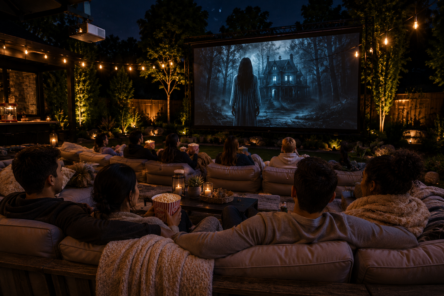 People sitting outdoors on couches and blankets, watching a horror movie on a large screen at night in a garden with string lights and lanterns.