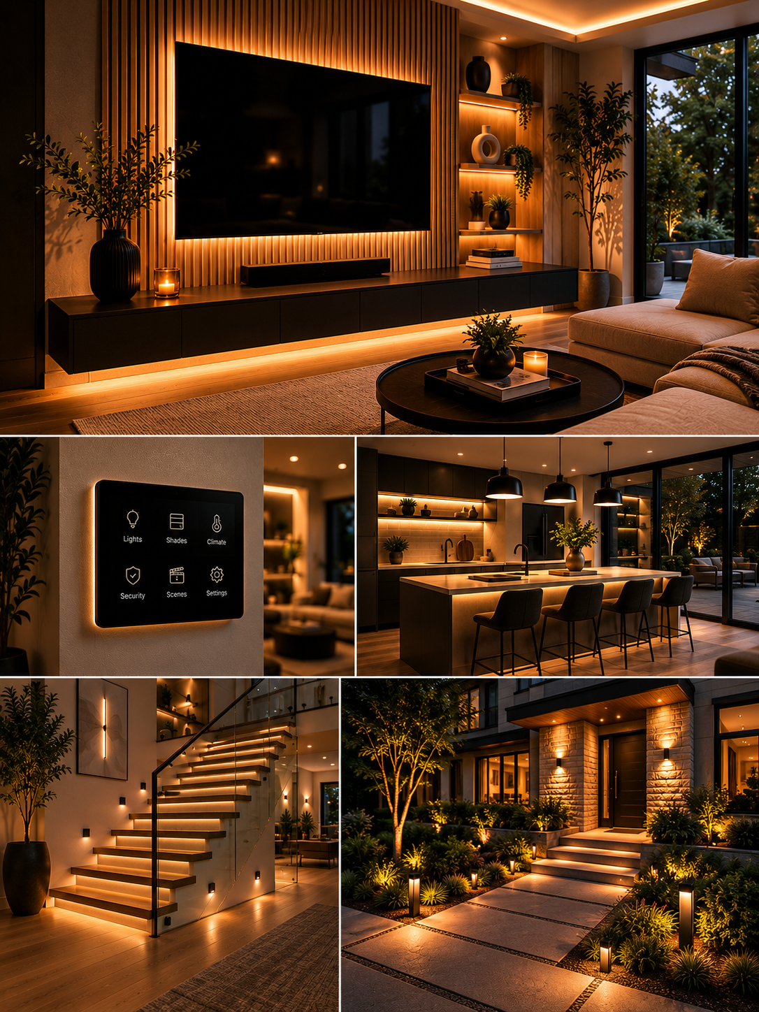Modern smart home interior illuminated with warm lighting, featuring a living room with a large screen, a kitchen with an island and barstools, a staircase with built-in lighting, and an outdoor pathway lit by landscape lights.