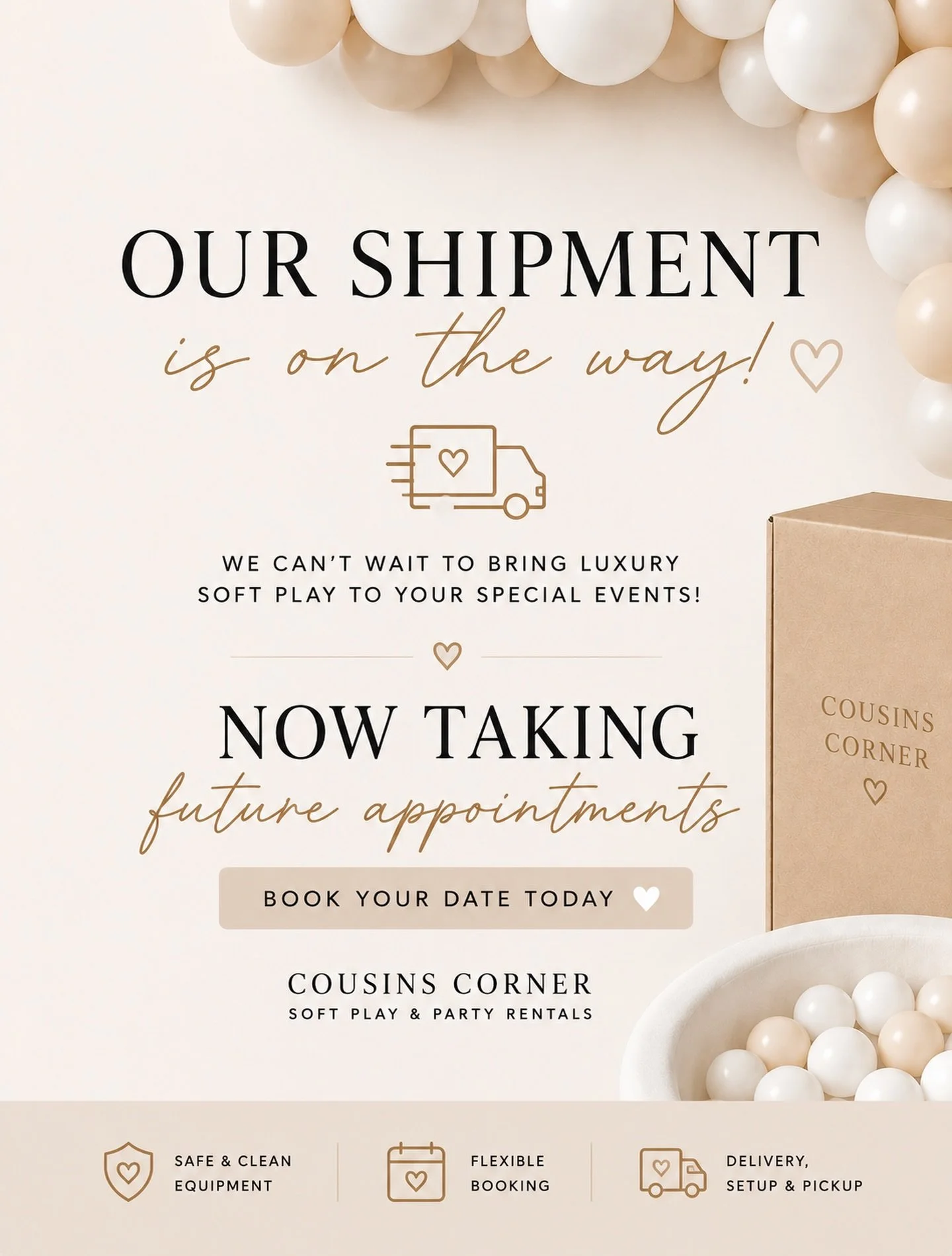 Something beautiful is on the way 🤍

Our inventory officially shipped an we are so excited to start bringing luxury soft play experiences to your special events soon! 

We are officially taking future bookings for:
✨ Birthdays 
✨ Baby showers 
✨ Chr