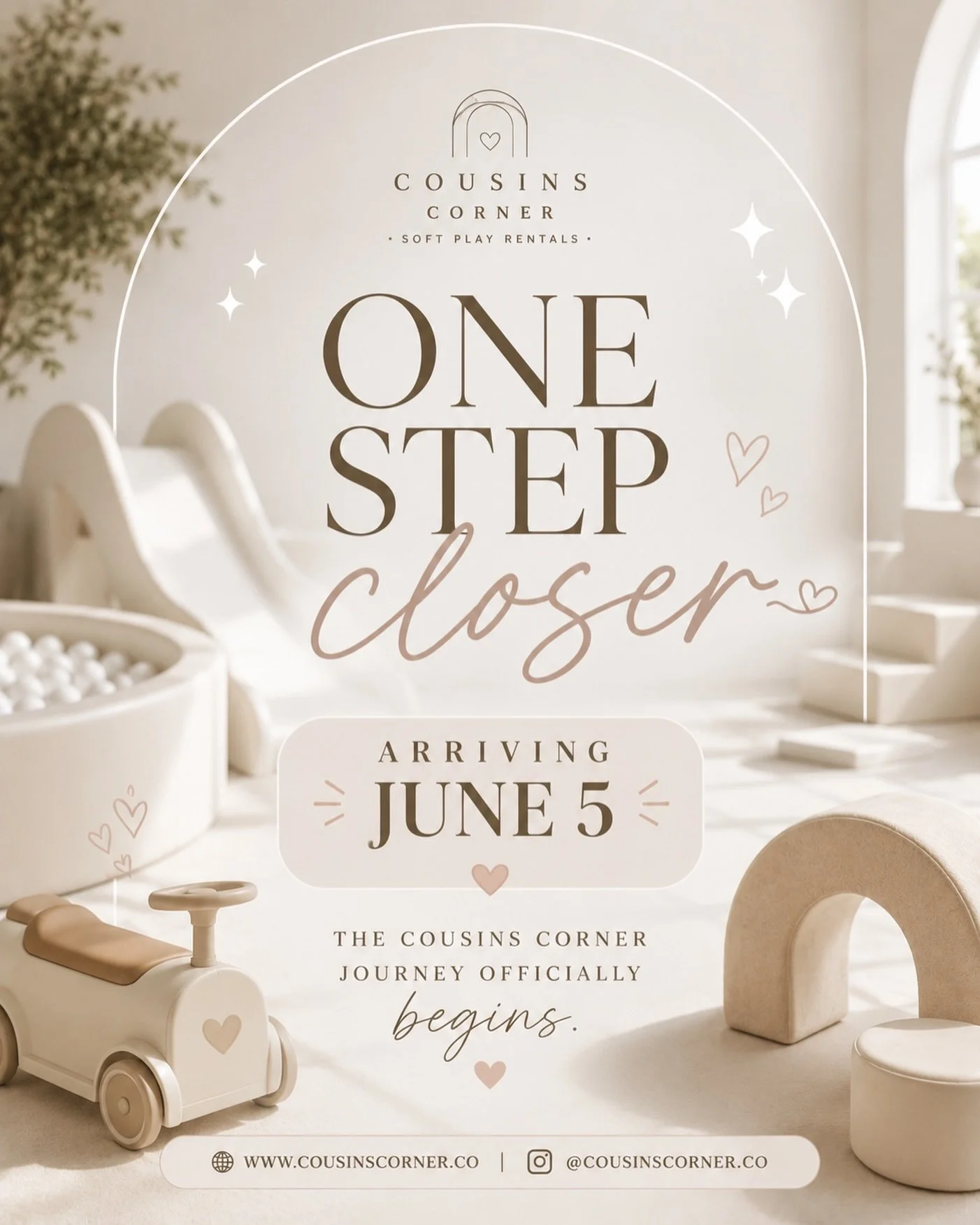 One step closer. 🤍

In just a few days, our first piece of equipment will arrive and we couldn&rsquo;t be more excited! 

Cousins Corner is slowly coming to life, one beautiful piece at a time. 

Stay tuned. ✨

&bull;
&bull;
&bull;
&bull;
#softplayr
