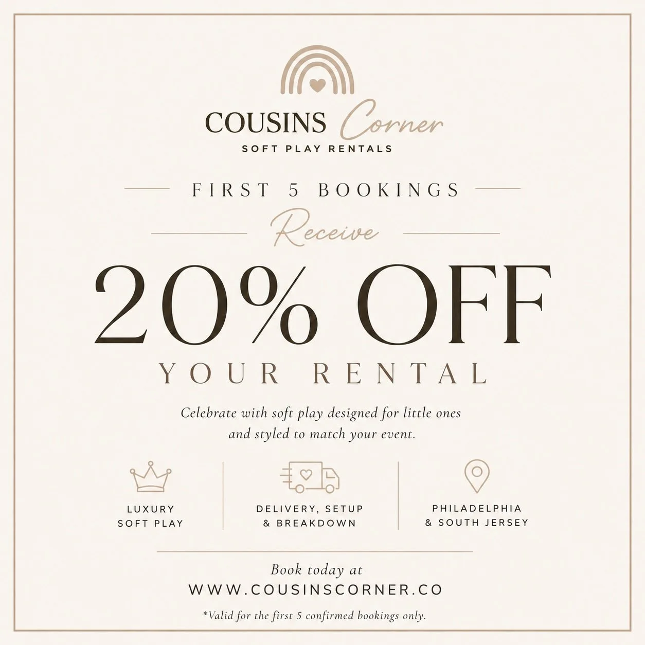 ✨We&rsquo;re officially booking!✨

To celebrate the launch of Cousins Corner, we&rsquo;re offering 20% OFF to our first 5 bookings! 🤍

If you&rsquo;ve been planning a first birthday, toddler party, baby shower, or special celebration, now is the per