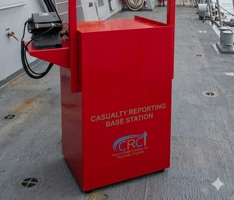 Central Radio Co, Inc.'s red casualty reporting base station on a Naval ship with a telephone attached to the side.