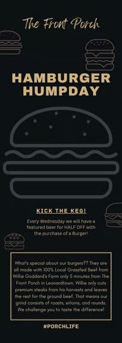 An event poster for 'Hamburger Humpday' at The Front Porch, featuring a large burger illustration, and text about a weekly burger and beer promotion, including details about the ingredients and the location.