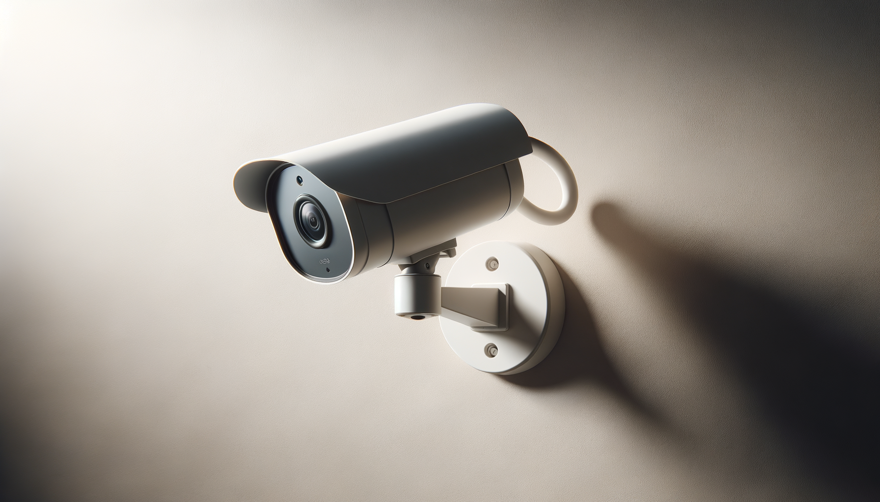 A modern security camera with a sunshield, mounted on a white wall, casting a shadow.