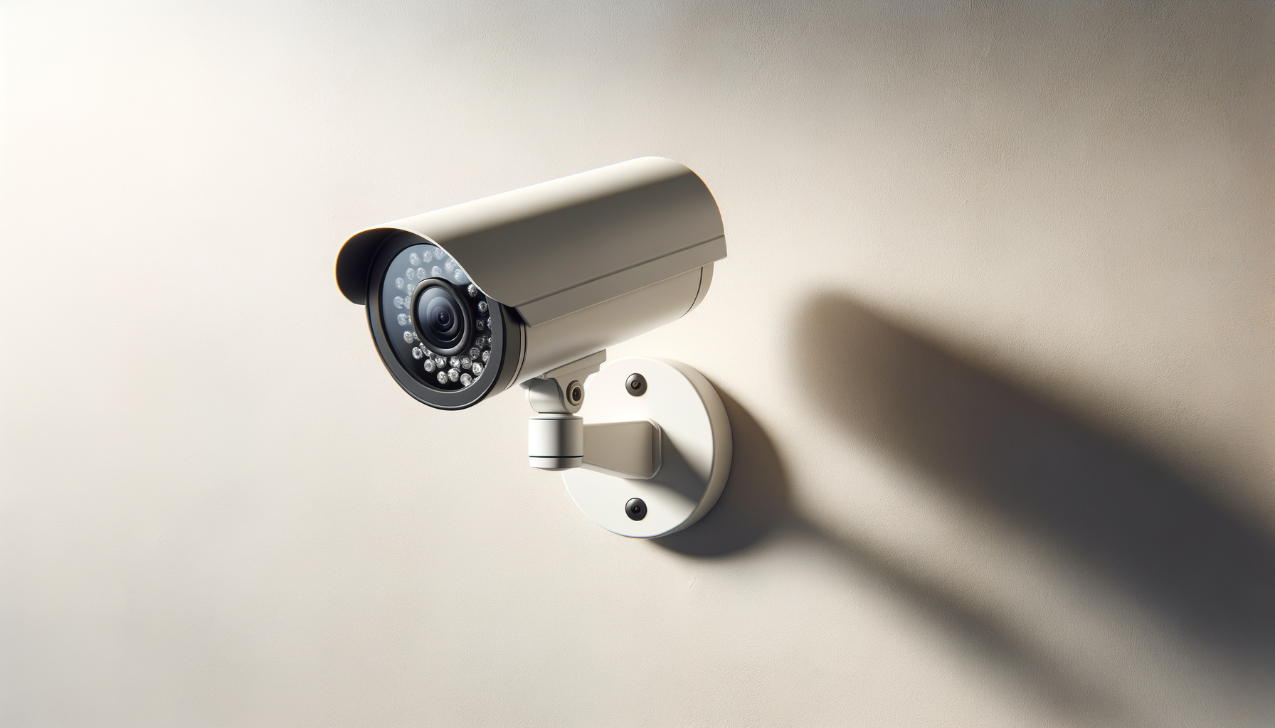 A white security camera mounted on a wall, casting a shadow on the wall.