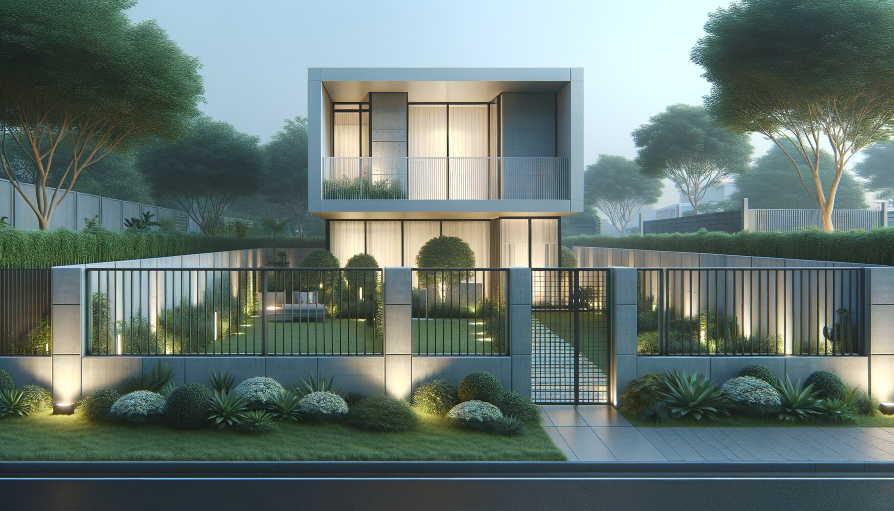 Modern two-story house with large glass windows, surrounded by a manicured lawn, bushes, and trees, with outdoor lighting at dusk.