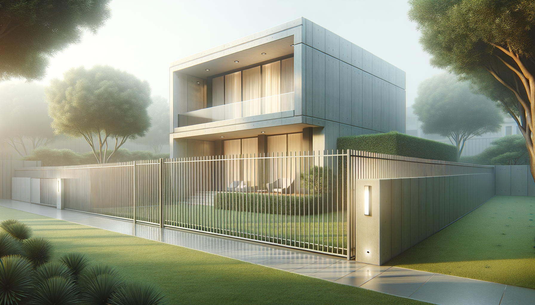 Modern two-story house with concrete exterior and large windows, surrounded by a metal fence, with trees and greenery in the yard, during foggy early morning.