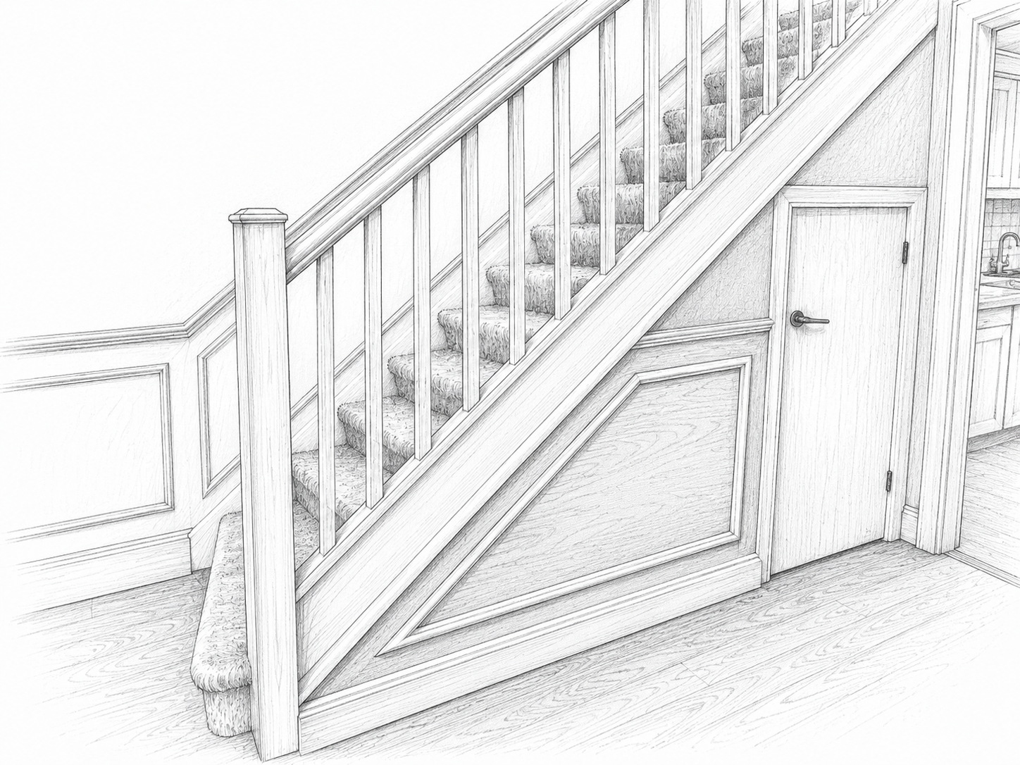 Elmwood Carpentry And Construction - Wooden Staircase And Panelling Sketch