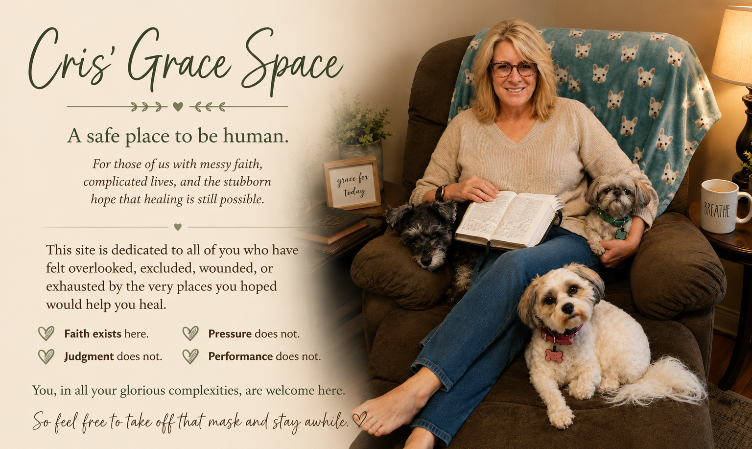 A woman sitting on a brown armchair with three dogs, reading a Bible, in a cozy room with a lamp, a coffee mug, and a sign that says 'grace for today' on a side table. The wall has a blanket with dog faces on it.