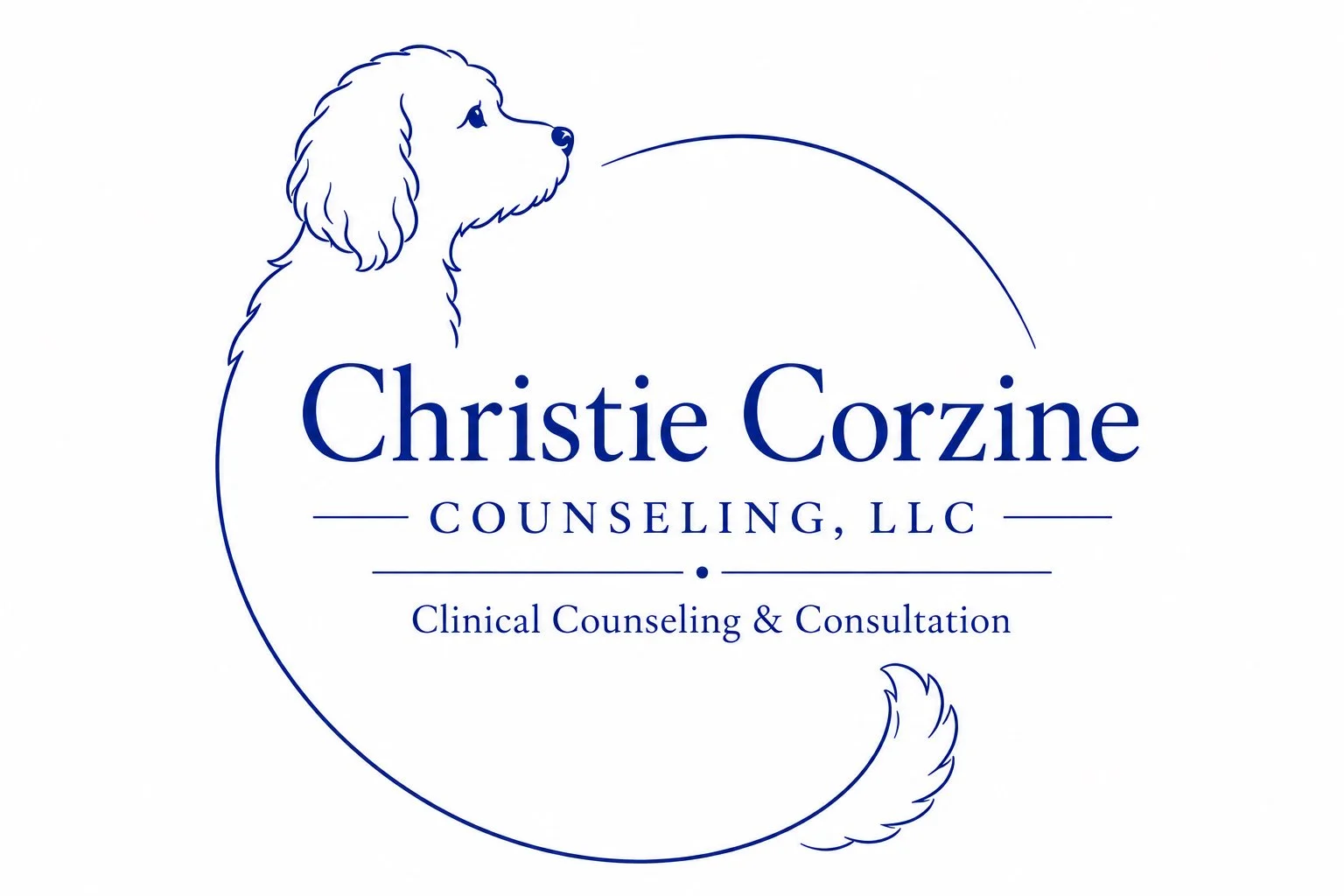 Logo for Christie Corzine Counseling LLC featuring a dog sketch and the company's name, services, and tagline.