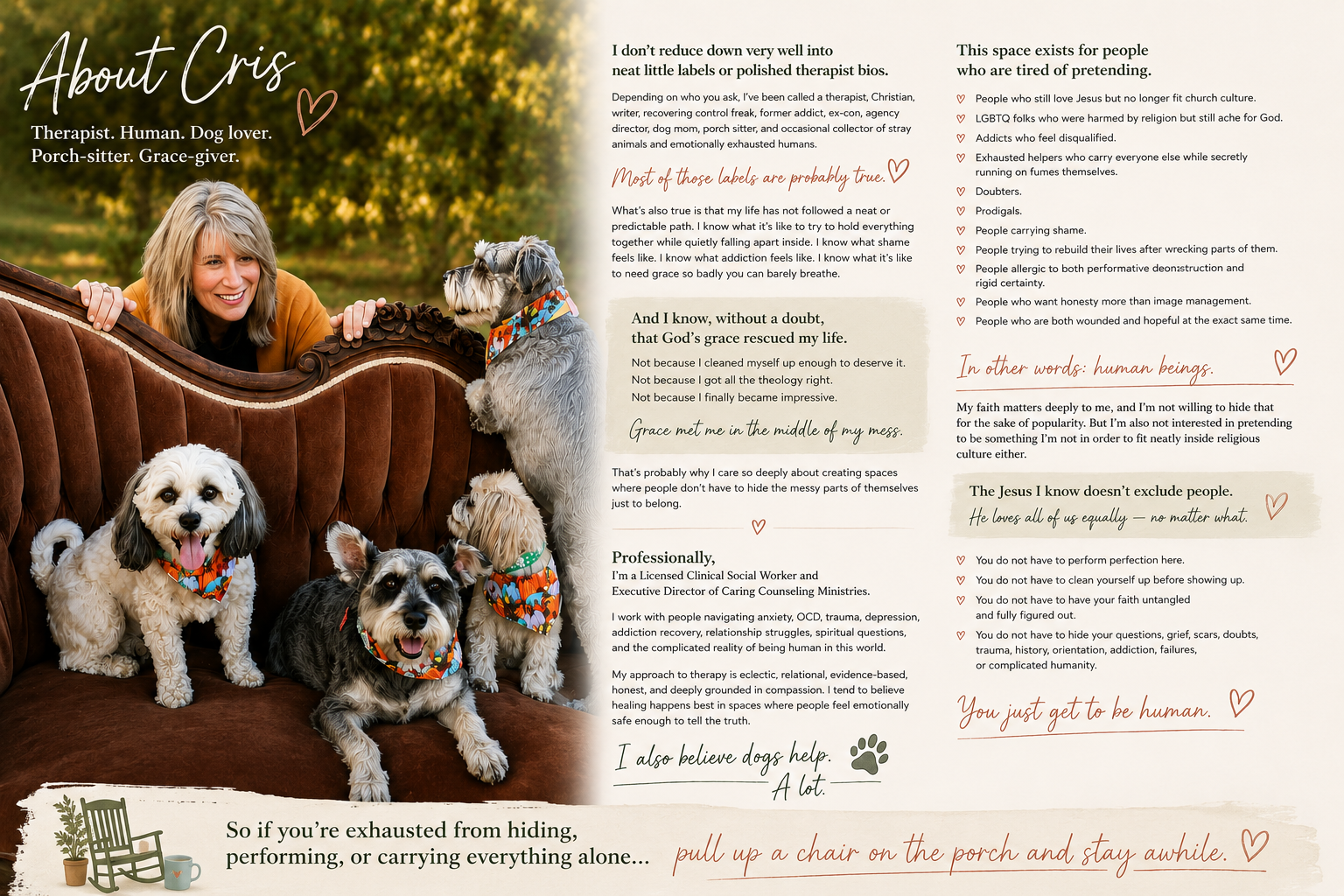 A woman with blonde hair smiling and leaning over the back of a brown vintage sofa, with four dogs wearing colorful bandanas. The background features trees and sunlight.