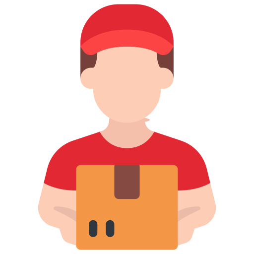 Person wearing a red cap and red shirt, holding a cardboard box.