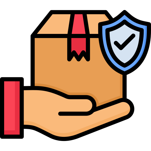 A hand holding a package with a red ribbon, and a shield with a check mark indicating protection or security.