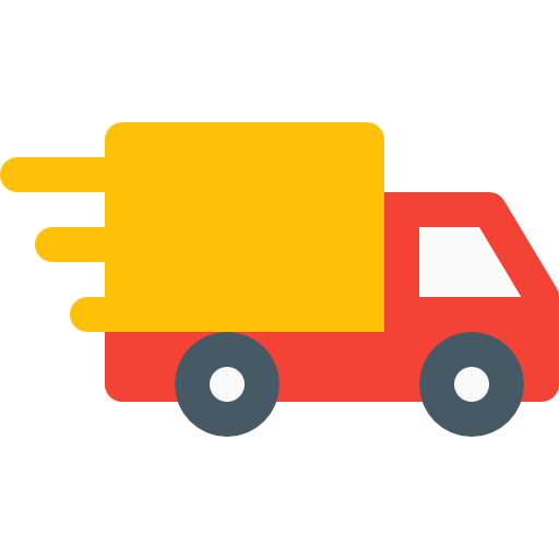 Icon of a red delivery truck with yellow speed lines indicating fast movement