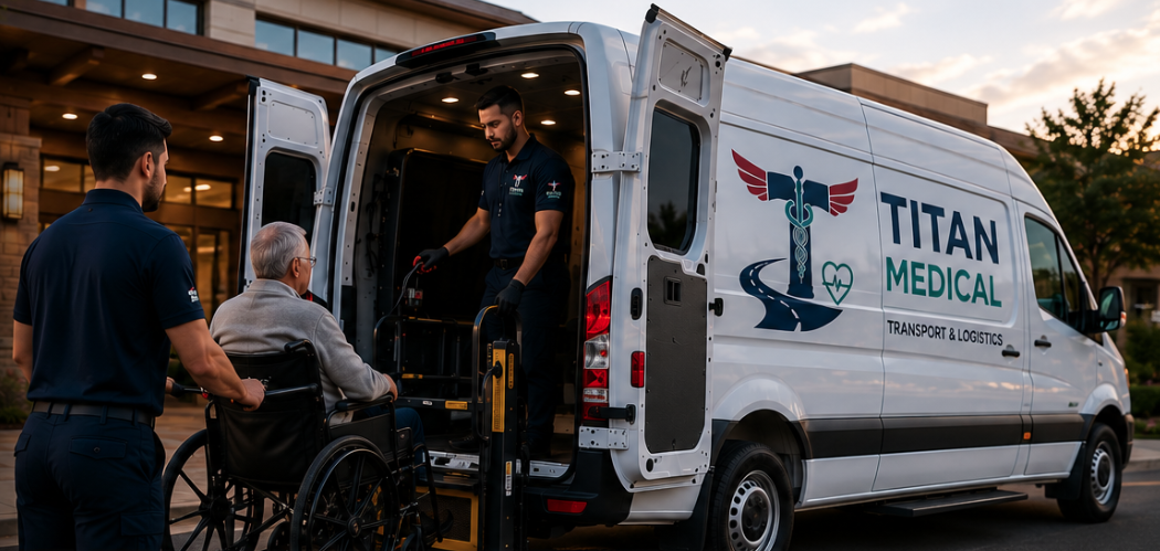 Healthcare professionals assist an elderly woman in a wheelchair into a mobile medical transport van labeled 'Titan Medical' during sunset.