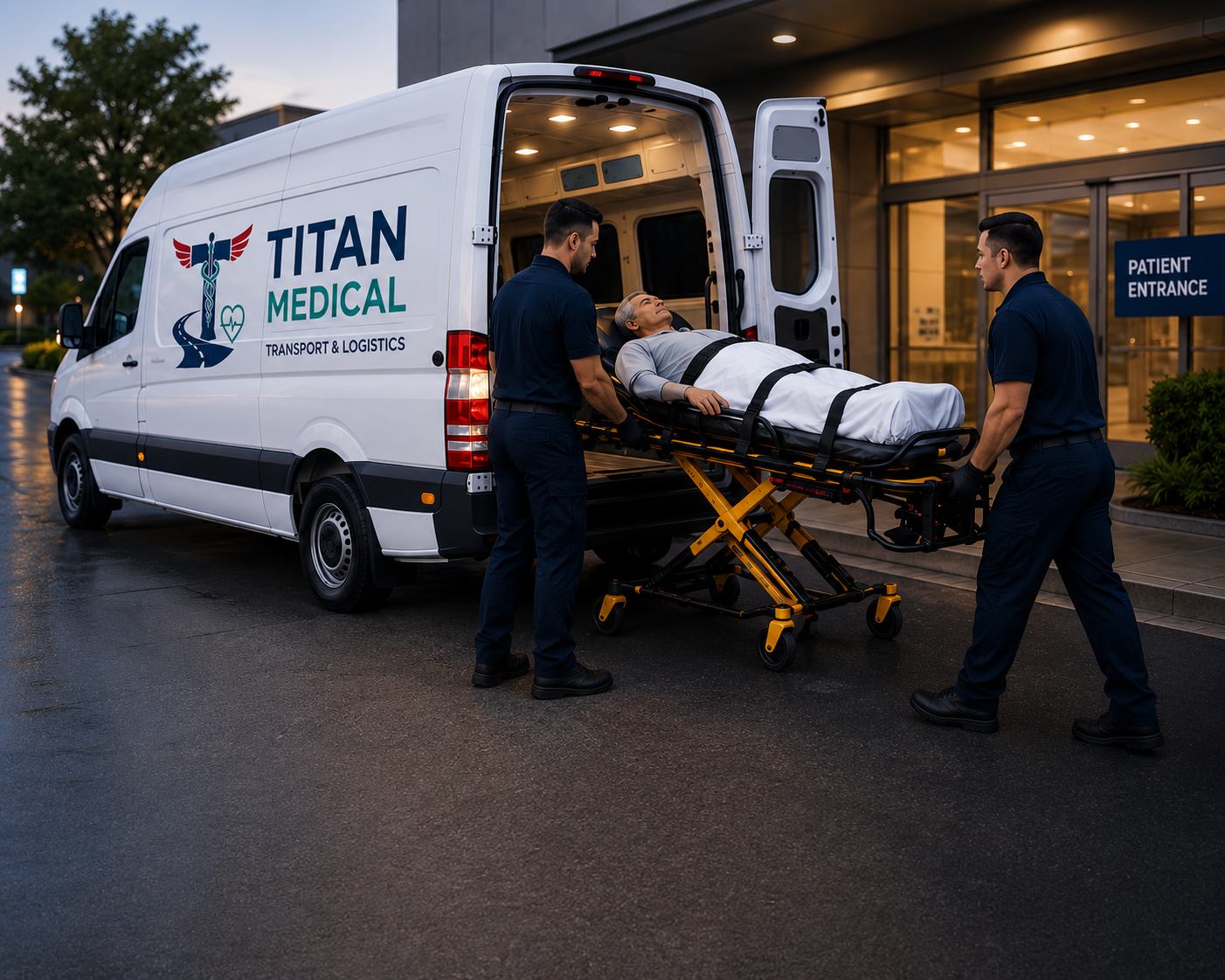 Two medical personnel in navy uniforms are transferring a patient on a stretcher from a white ambulance labeled "Titan Medical" outside a hospital entrance. The scene is set in the evening.