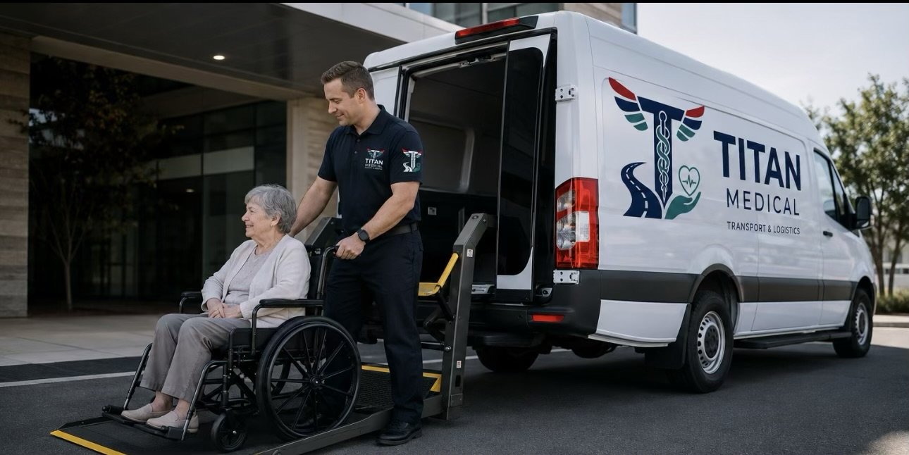 A caregiver helping an elderly woman in a wheelchair into a Titan Medical transport van outdoors.