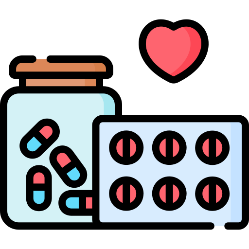 Illustration of a medicine bottle with pills, a blister pack of pills, and a red heart symbol.